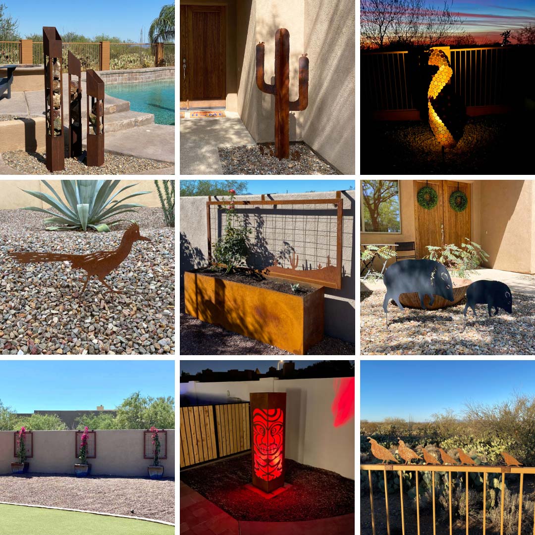 collage with 9 pictures showing examples of metal yard art we have made for customers