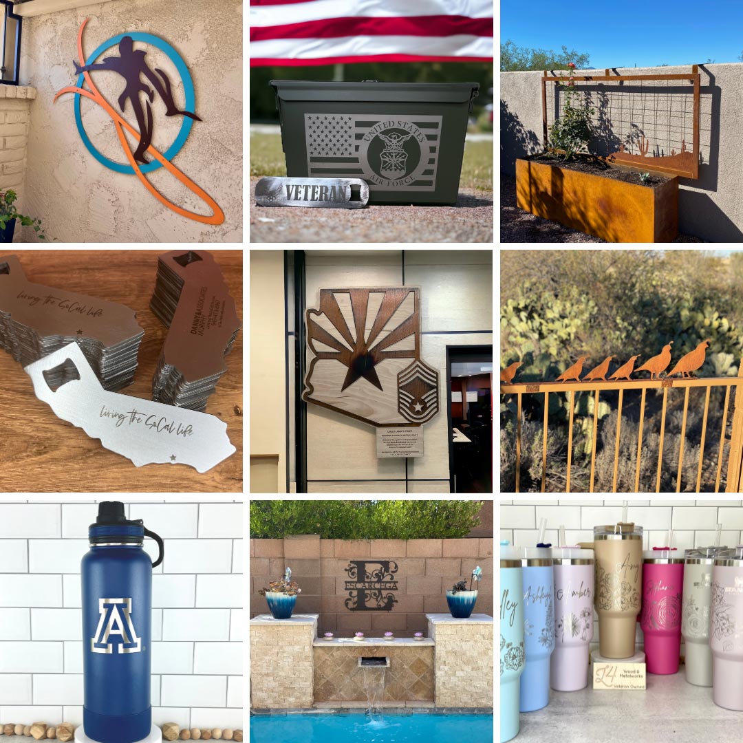 collage showing 9 images of our most popular products - metal signs, cups, water bottles, awards, and metal yard art