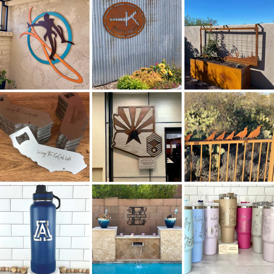 collage showing 9 images of our most popular products - metal signs, cups, water bottles, awards, and metal yard art