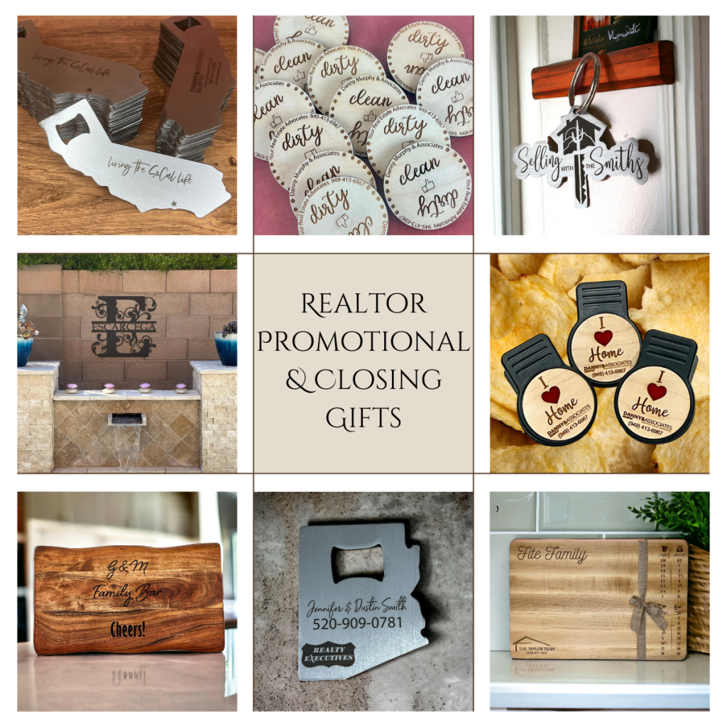 collage with 9 squares - center says Realtor Promotional & Closing Gifts. Images show a variety of engraved bottle openers and magnets, custom chip clips, cutting boards, and metal signs. 