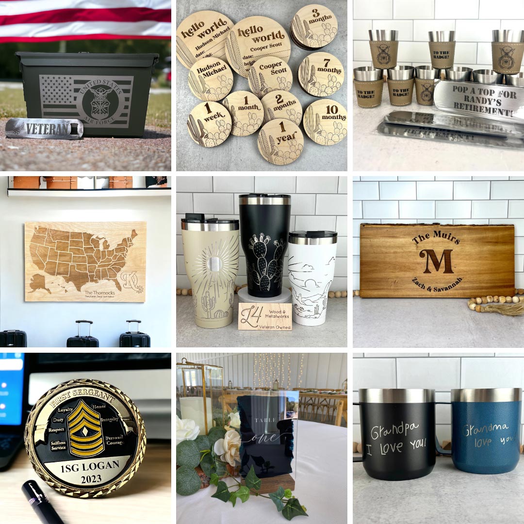 collage with 9 squares - Images show a variety of laser engraved gifts - ammo boxes, baby milestones, shot glasses, and challenge coins. 