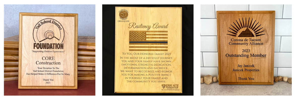 a collage with three traditional plaques, engraved with recipient information