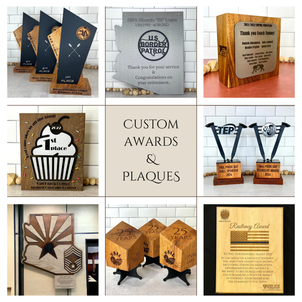 collage with 9 squares, center says "Custom Awards & Plaques." Images show various awards and plaques created and engraved by L4 laser Engraving in Tucson.