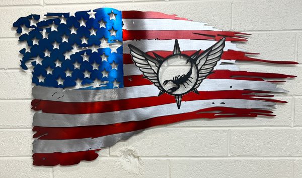 red, white, and blue metal flag with border patrol logo inset. Flag is hung on a white brick wall.