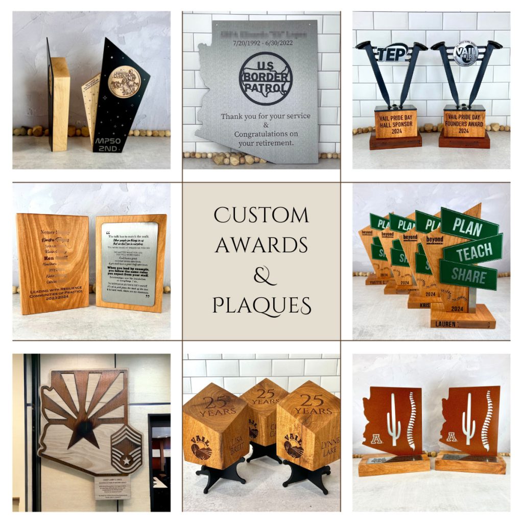 Collage with 9 squares, center says "Custom Awards & Plaques." Images show various awards and plaques created and engraved by L4 laser Engraving in Tucson.