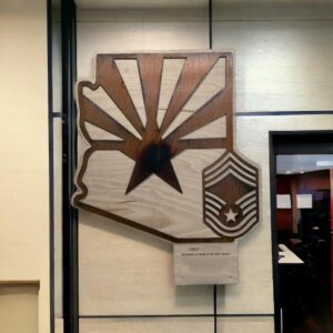 Arizona State Shaped Copper and Wood Wall Plaque on a wall.