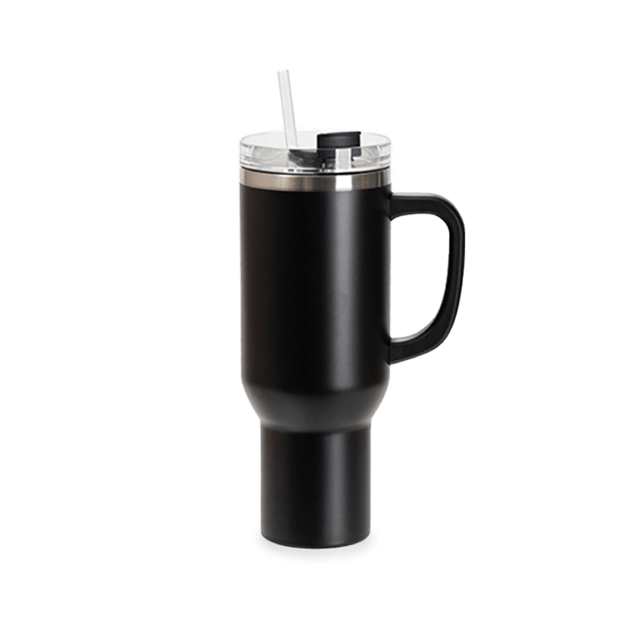 Black 40 oz Tumbler with Side Handle.
