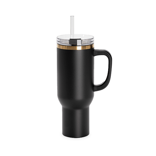 Black and Gold 40 oz Tumbler with Side Handle.