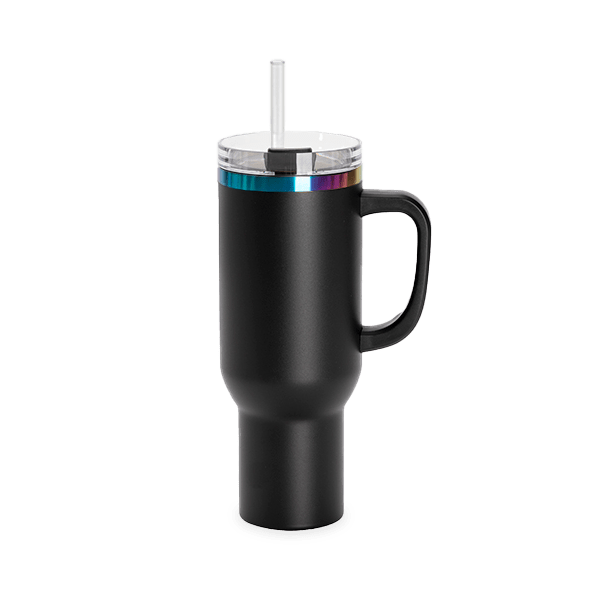 Black and Rainbow 40 oz Tumbler with Side Handle.