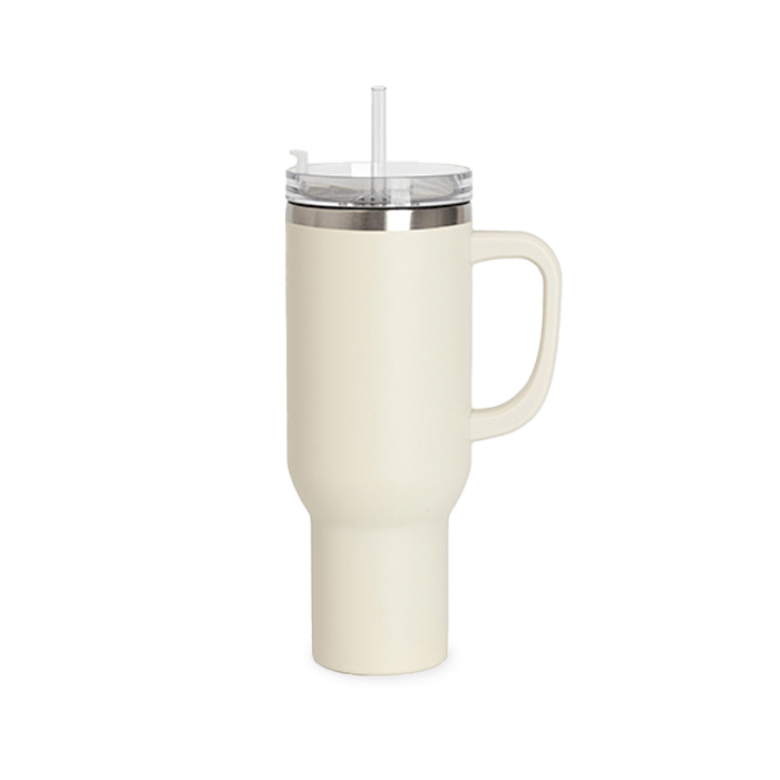 Cream 40 oz Tumbler with Side Handle.