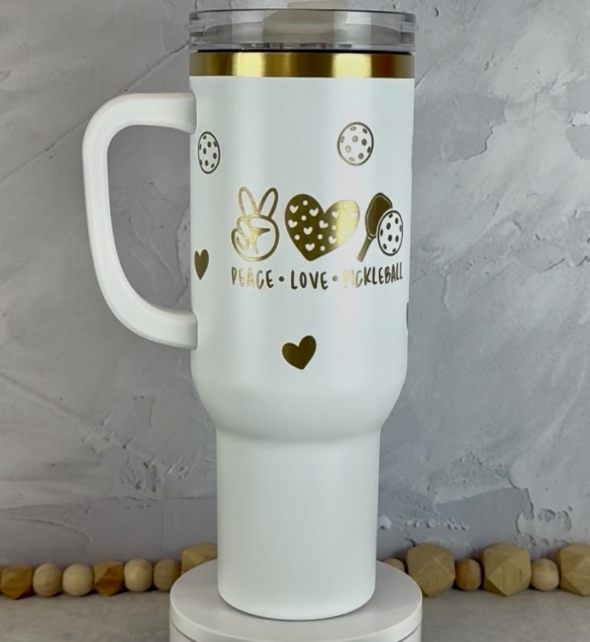 White with Gold Base 40 oz Tumbler with Side Handle engraved with Peace, Love, and Pickleball.
