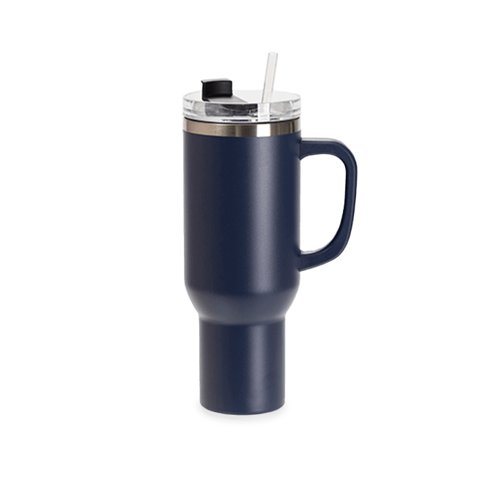 Navy 40 oz Tumbler with side handle.