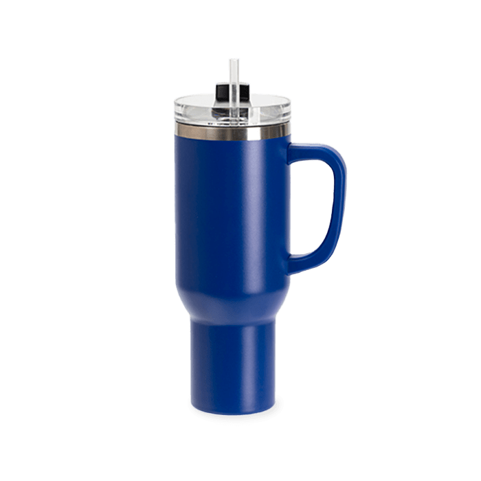 Blue 40 oz Tumbler with Side Handle.