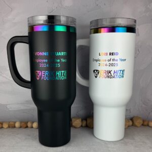 Black and White with Rainbow base 40 oz Tumbler with Side Handle engraved for organization.