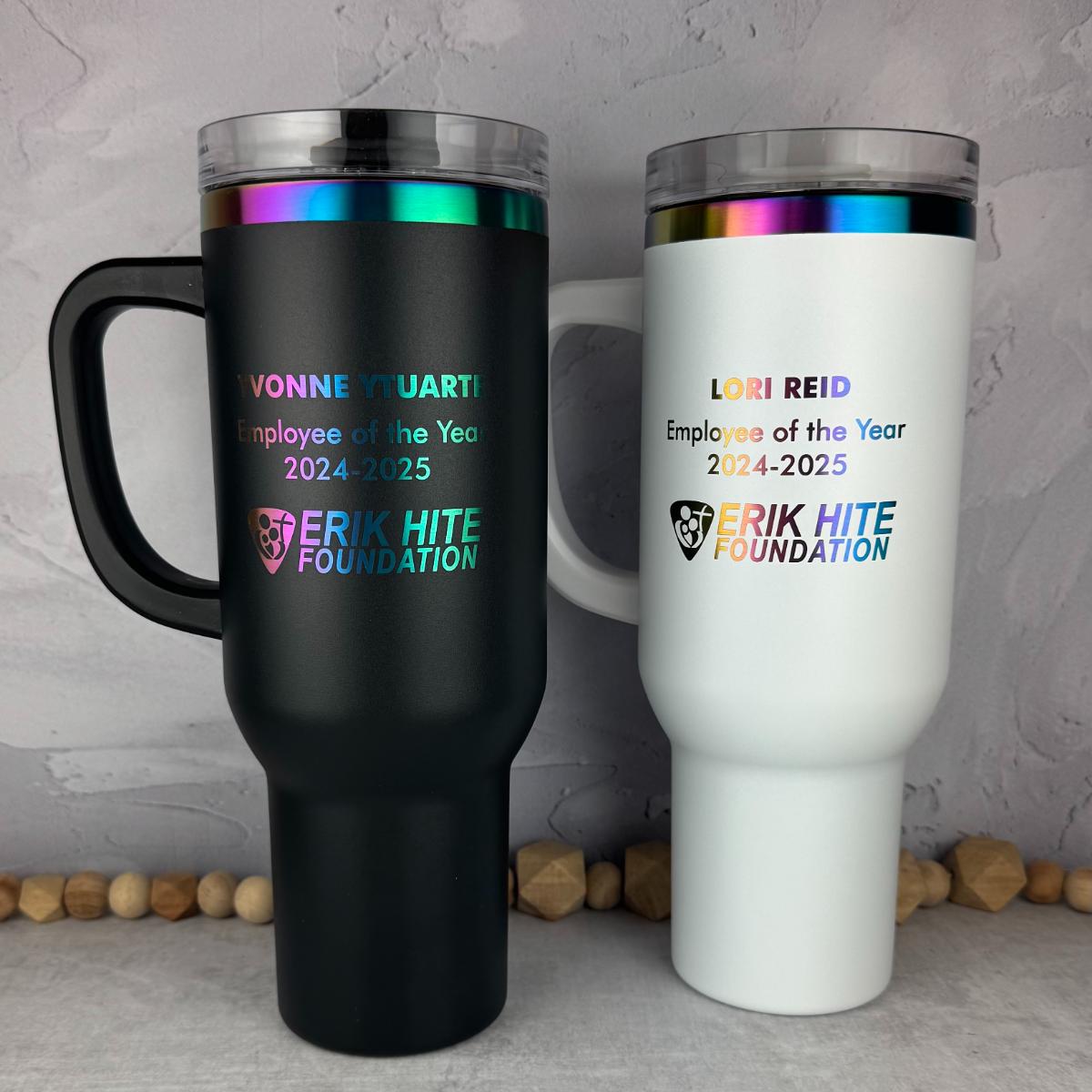 Black and White with Rainbow base 40 oz Tumbler with Side Handle engraved for organization.