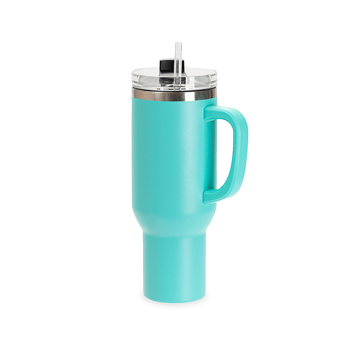 Teal 40 oz Tumbler with Side Handle.