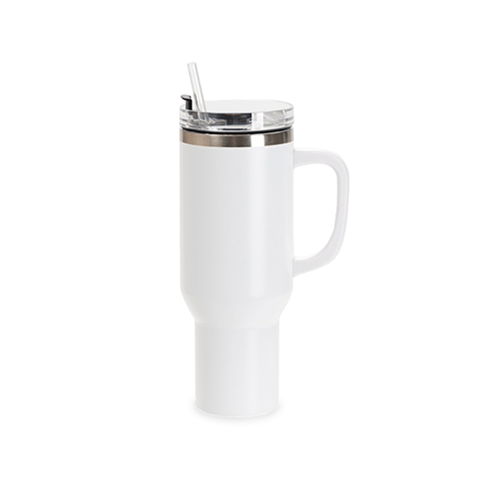 White 40 oz Tumbler with Side Handle.