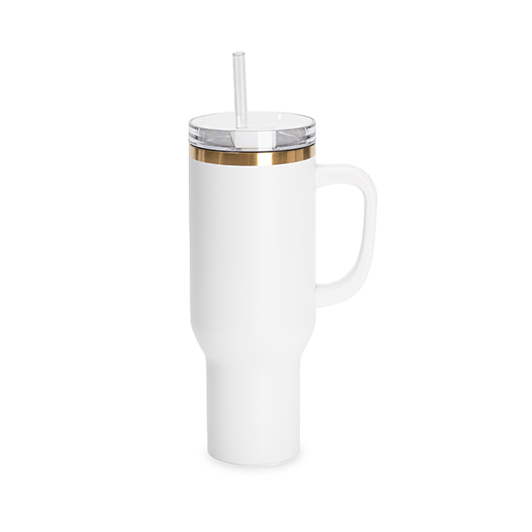 White with Gold Base 40 oz Tumbler with Side Handle.
