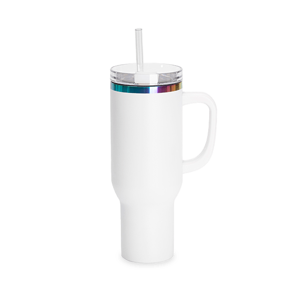 White with Rainbow base 40 Tumbler with Side Handle.