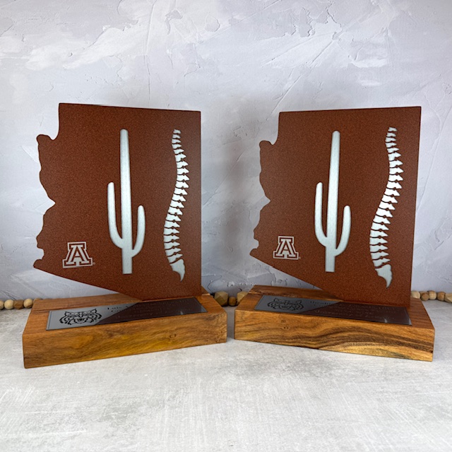 Arizona state shaped awards with cactus and spine.