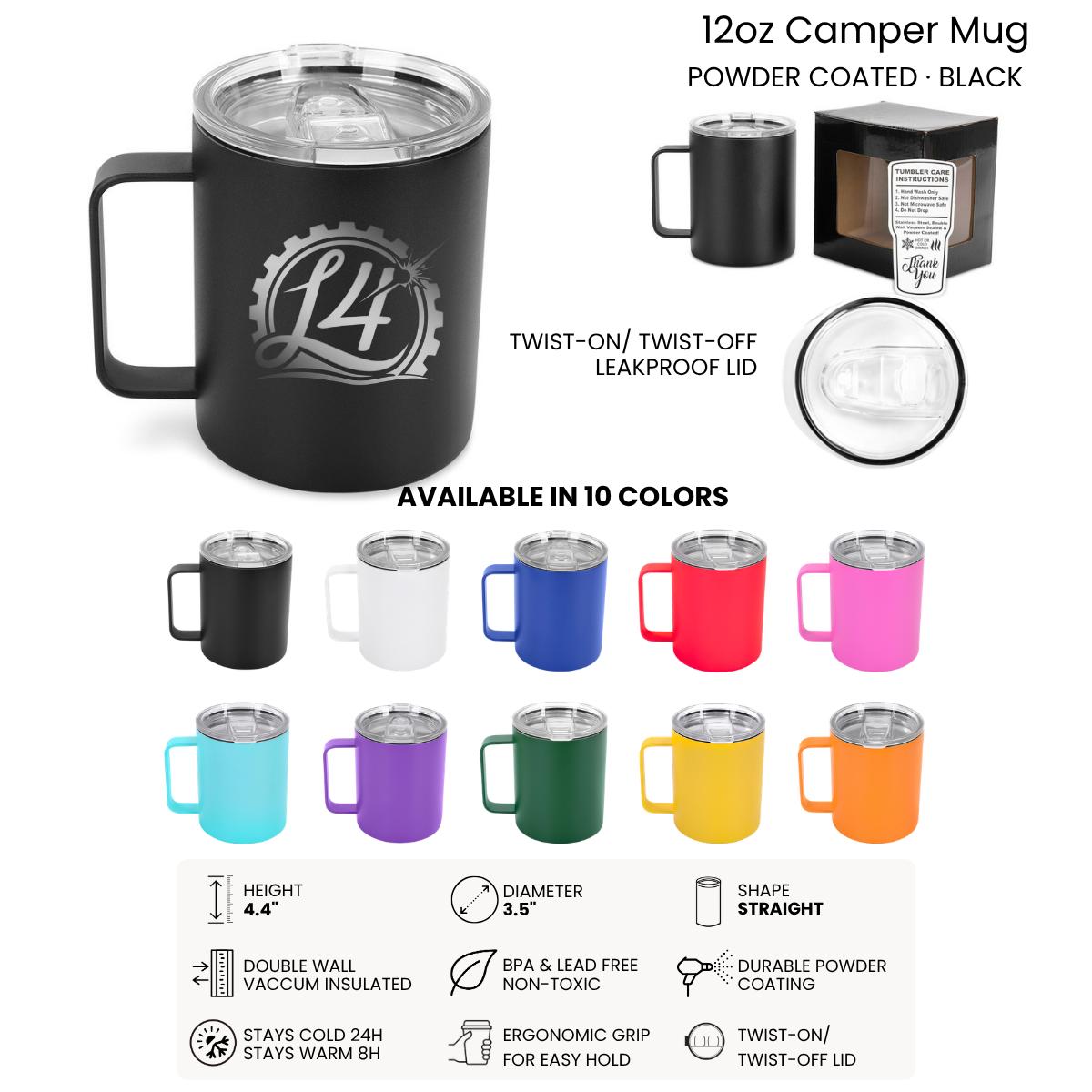 Colorful powder coated coffee tumblers with handles for custom engraving.