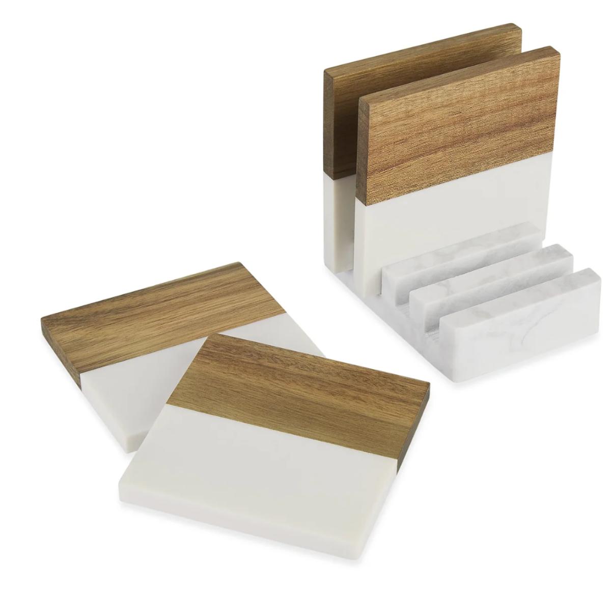 Custom engraved marble and wood coaster set with monogram and holder.