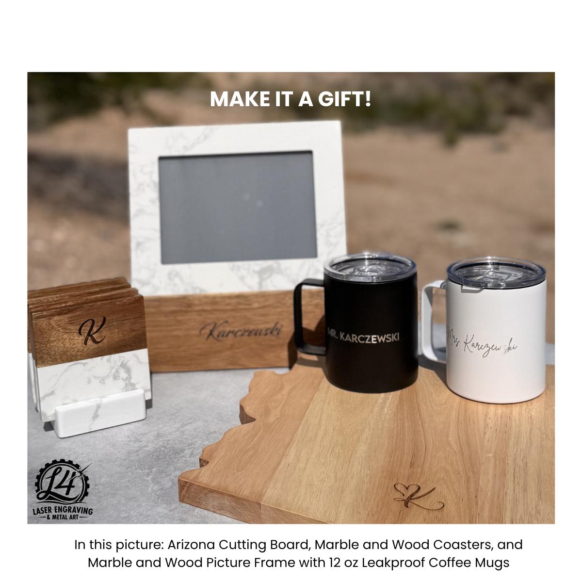 Personalized insulated white and black coffee mugs with handles for wedding gift.