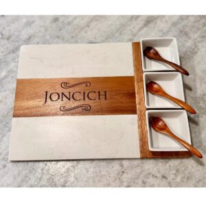 Custom serving board marble and wood wedding gift with name engraving.