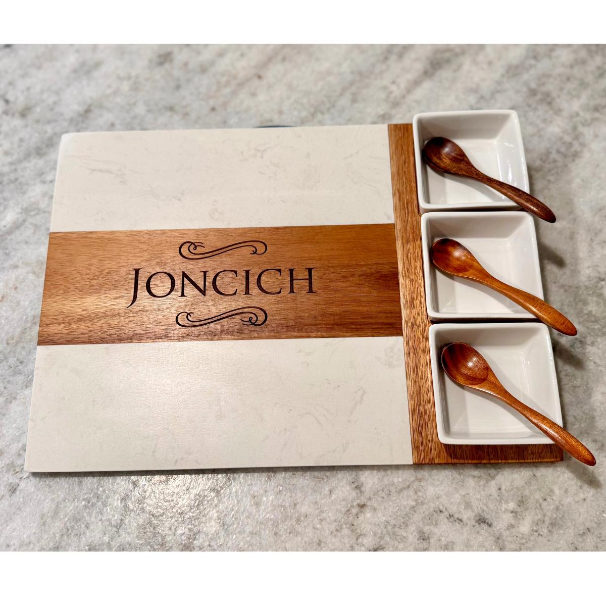 Custom serving board marble and wood wedding gift with name engraving.