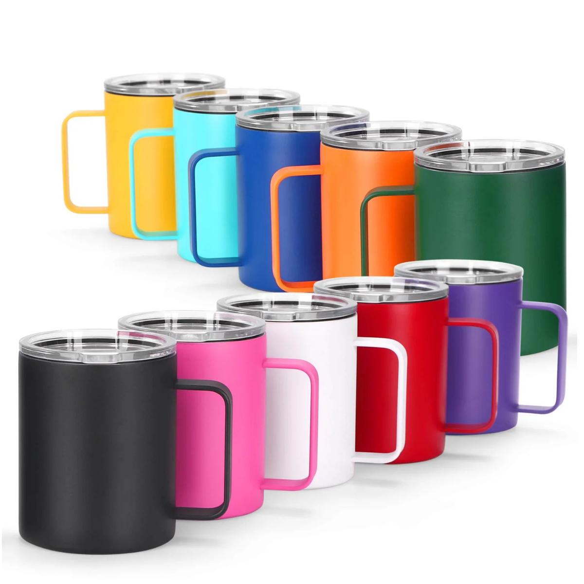 Custom engraved 12 oz coffee tumbler with handle in multiple colors.