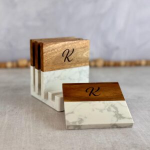 Personalized marble coasters with wooden top engraving modern home decor.