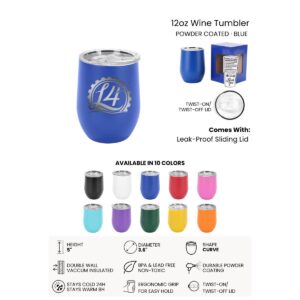 Product sheet showing a blue engraved wine tumbler as well as the ten colors its available in.