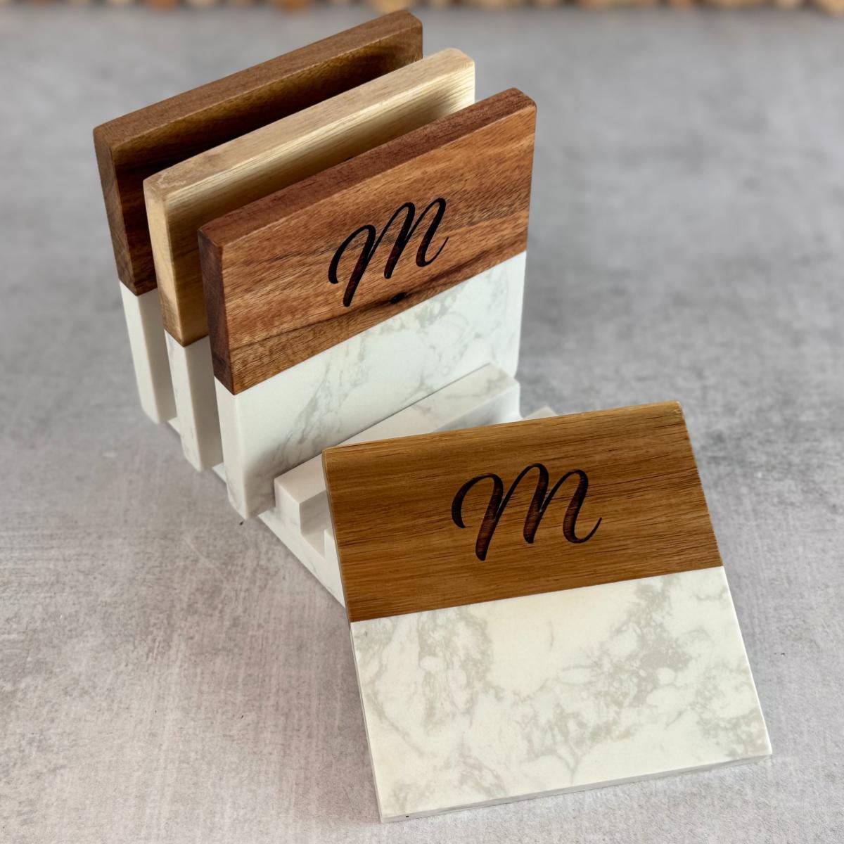 Custom monogram coasters with holder for housewarming present.