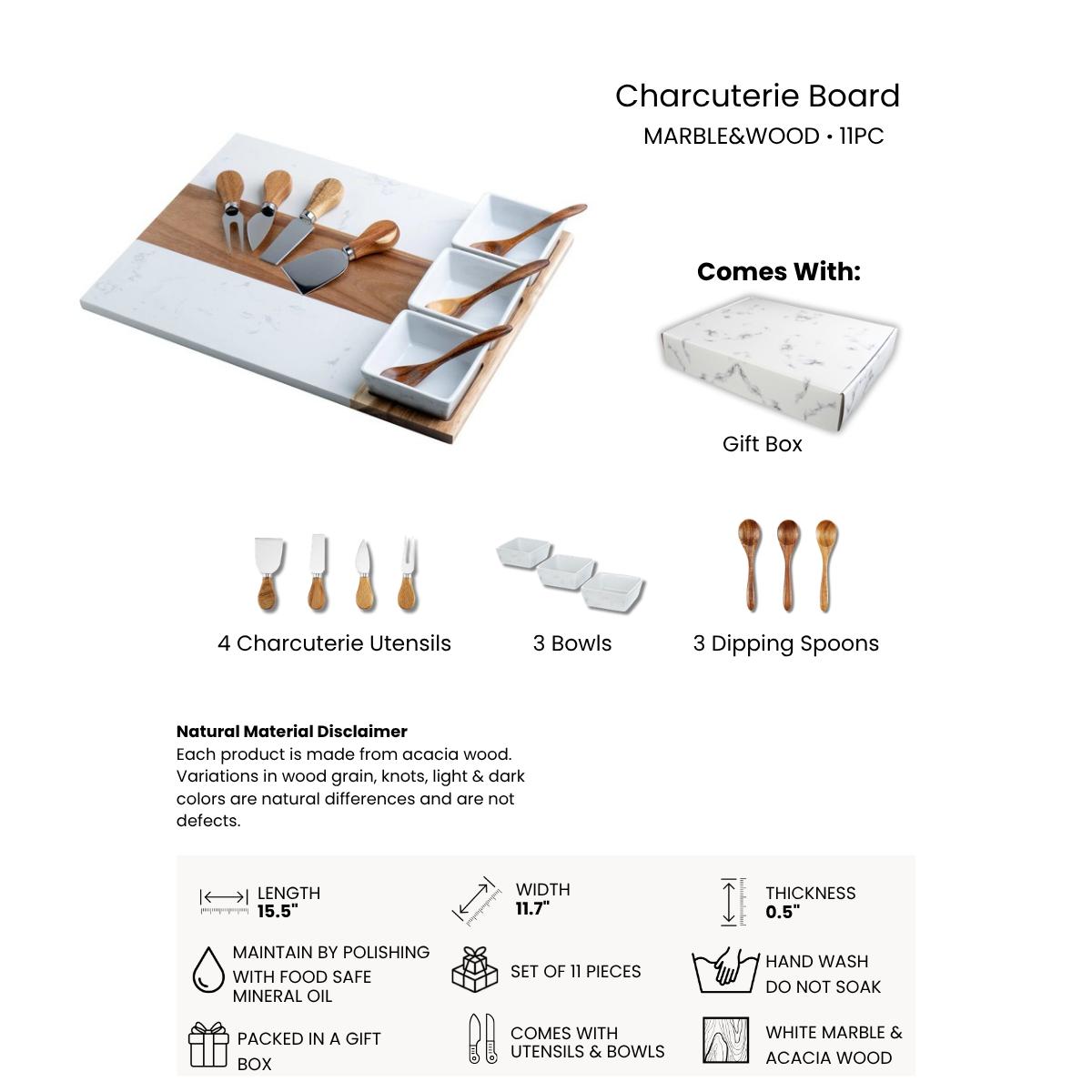 Engraved charcuterie board with bowls for dips and appetizers.