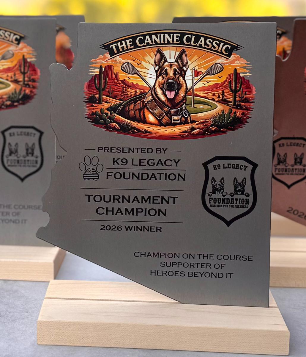 Arizona state shaped award with wood base.