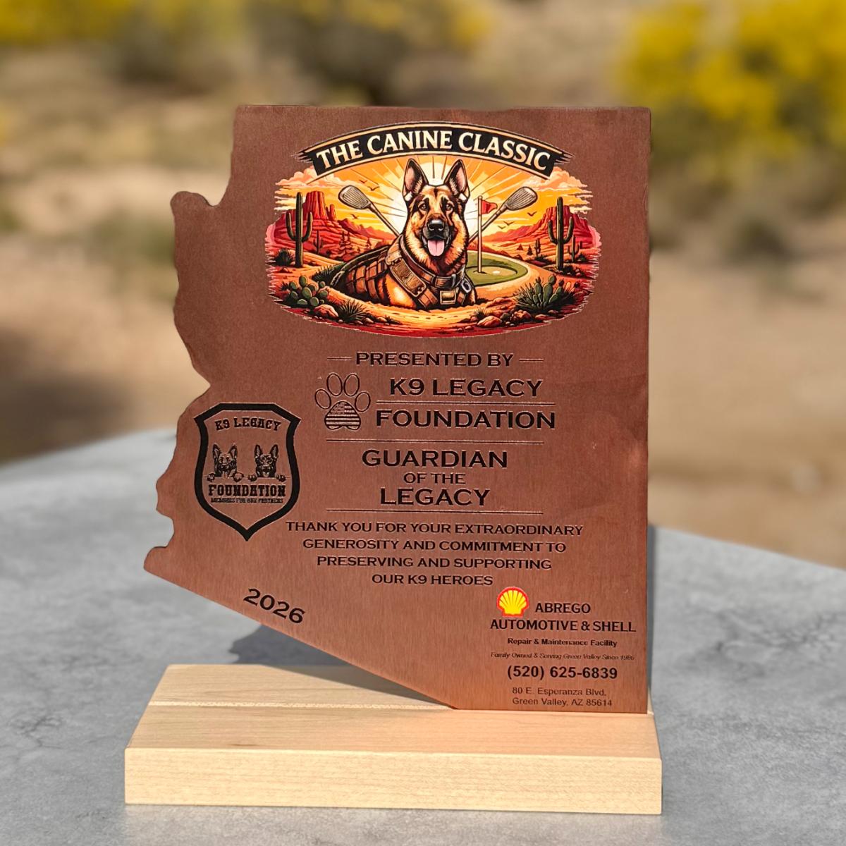 Arizona state shaped award with wood base.